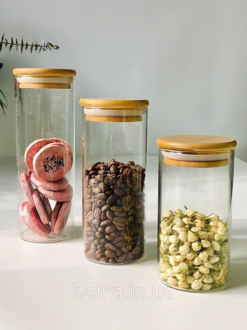 Банка місткість для зберігання скляна з бамбуковою кришкою d 6,5 см h18 см Київ - фото 3
