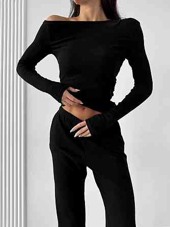 Женский базовый костюм двойка: лонгслив и брюки ангора рубчик Черный, 44/46 Одесса