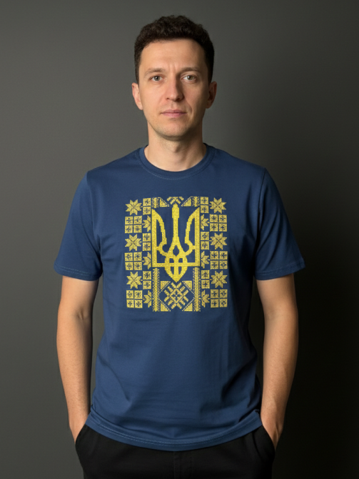 Чоловіча футболка вишиванка з великим тризубцем у синьому кольорі M Київ - фото 1