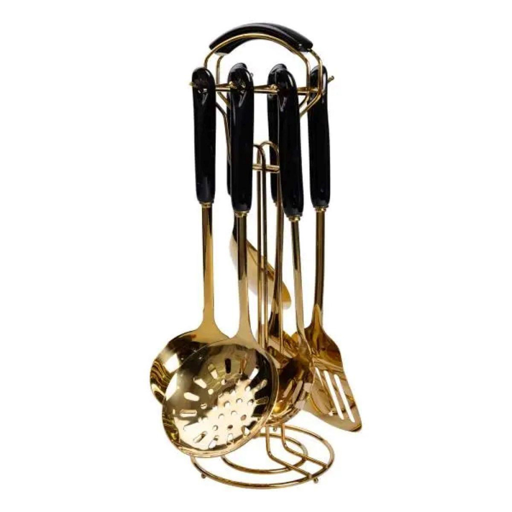 Набір кухонного приладдя на підставці 7 предметів кухонні аксесуари на підставці Чорний із золотом HP-20-66 Київ - фото 2