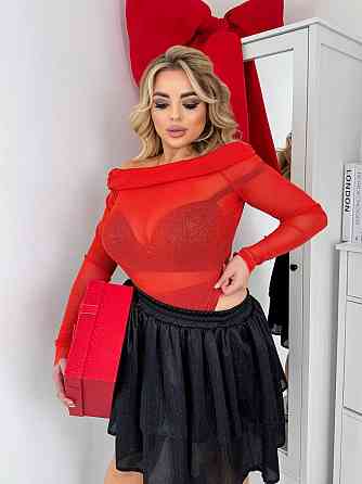 Жіноче привабливе блискуче боді з відкритими плечима сітка із золотим напиленням Червоний, 50/52 Одеса