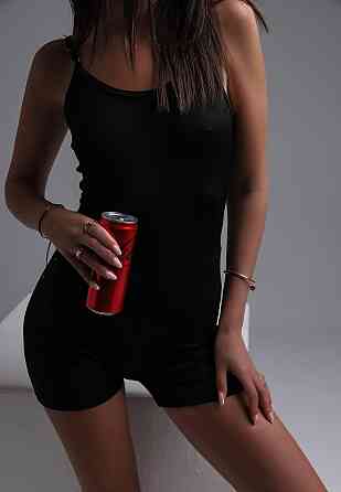 Жіночий стильний літній костюм-двійка: топ tie dye + комбез двонитка + мікродайвінг Чорний, 46/48 Одеса