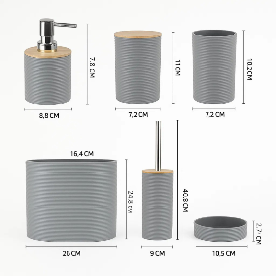 Набор аксессуаров 6в1 для ванной комнаты и душа, урна,дозатор для мыла, мыльница, стаканы,ёршик серый Каменец-Подольский
