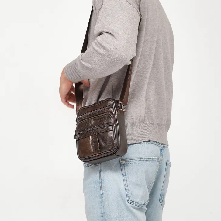 Чоловіча сумка з натуральної італійської шкіри, коричнева, компактний месенджер, кросбоді IC-82 Львів - фото 5