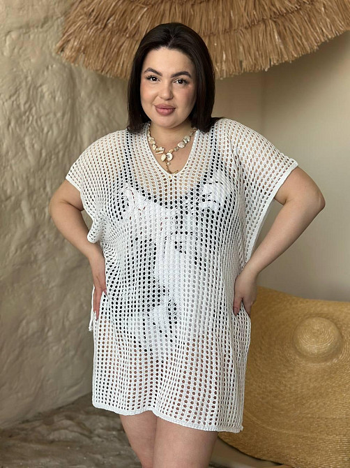 Пляжна туніка жіноча великого розміру накидка на купальник PLUS SIZE ажурна коротка вільного крою біла Одеса - фото 20