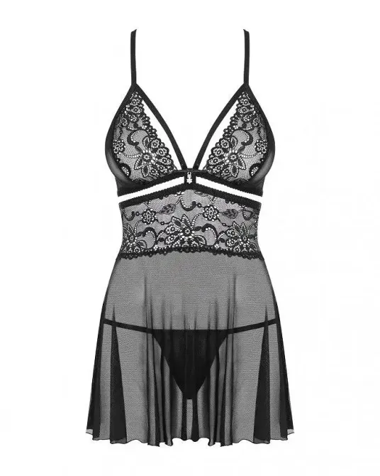 Еротичний мереживний комплект із сіточкою Obsessive 838-BAB-1 babydoll & thong black L/XL, чорний, п Львов - изображение 6