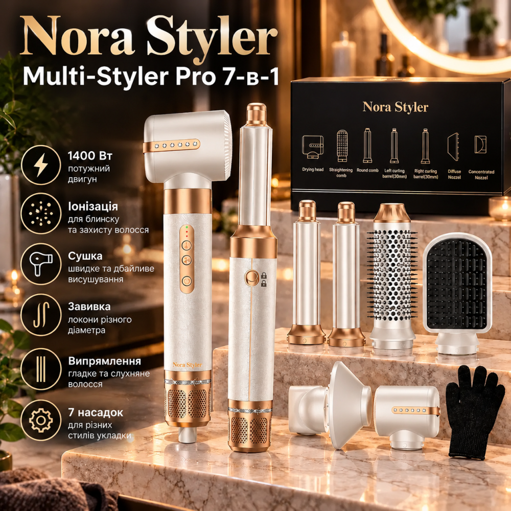 Стайлер для волосся Nora Styler Multi-Styler Pro 7-в-1, 1400 Вт, іонізація, сушка, завивка, випрямлення Київ - фото 9