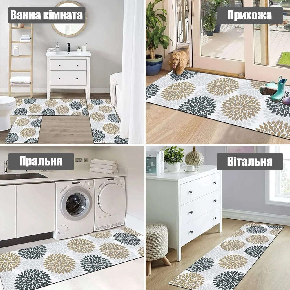Суперпоглинаючий Антиковзкий Килимок Aquarius для ванної та кухні 50 х 120 см Сірі/Бежеві Квіти Буча - фото 8