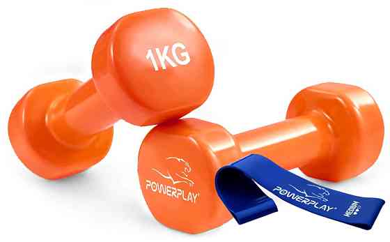 Гантелі вінілові PowerPlay 4125 Achilles 2*1 кг. Помаранчеві (пара - 2шт.) + Резинка для фітнесу 7,5 Каменское