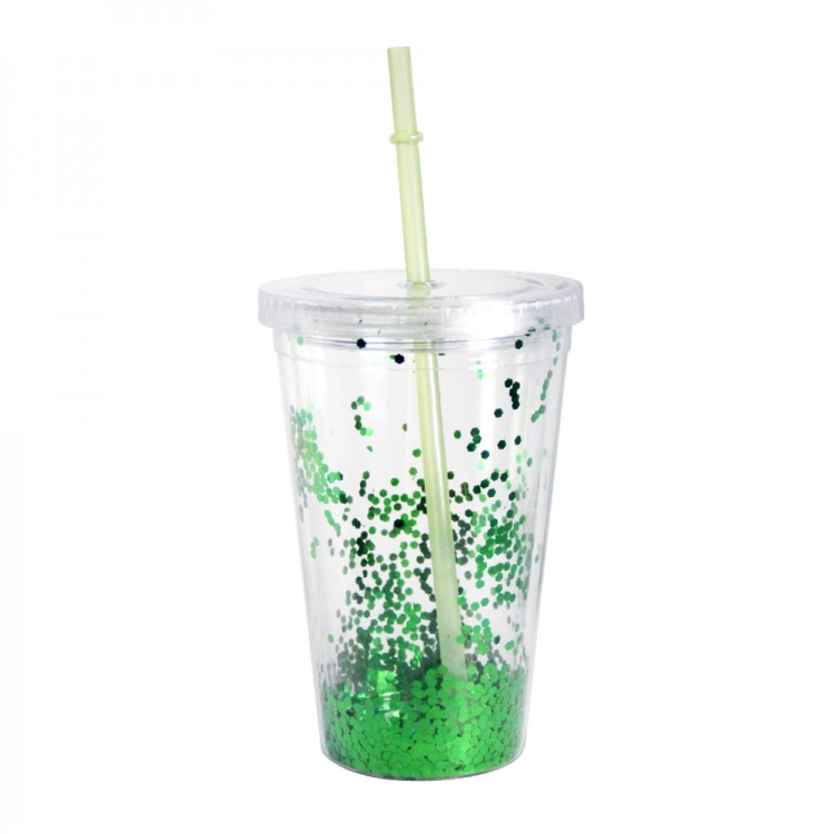 Стакан із трубочкою з блискітками зелений Вінниця - фото 1
