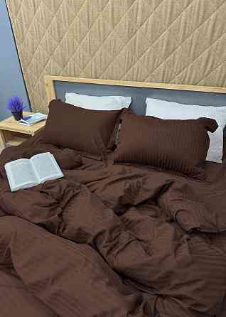 Комплект постільної білизни Страйп-сатин Двоспальний 180х220 з простирадлом на резинці Шоколадний (88-185) Київ