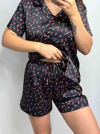 Женская пижама сатиновая Черный с тюльпаном XL-2XL Харьков