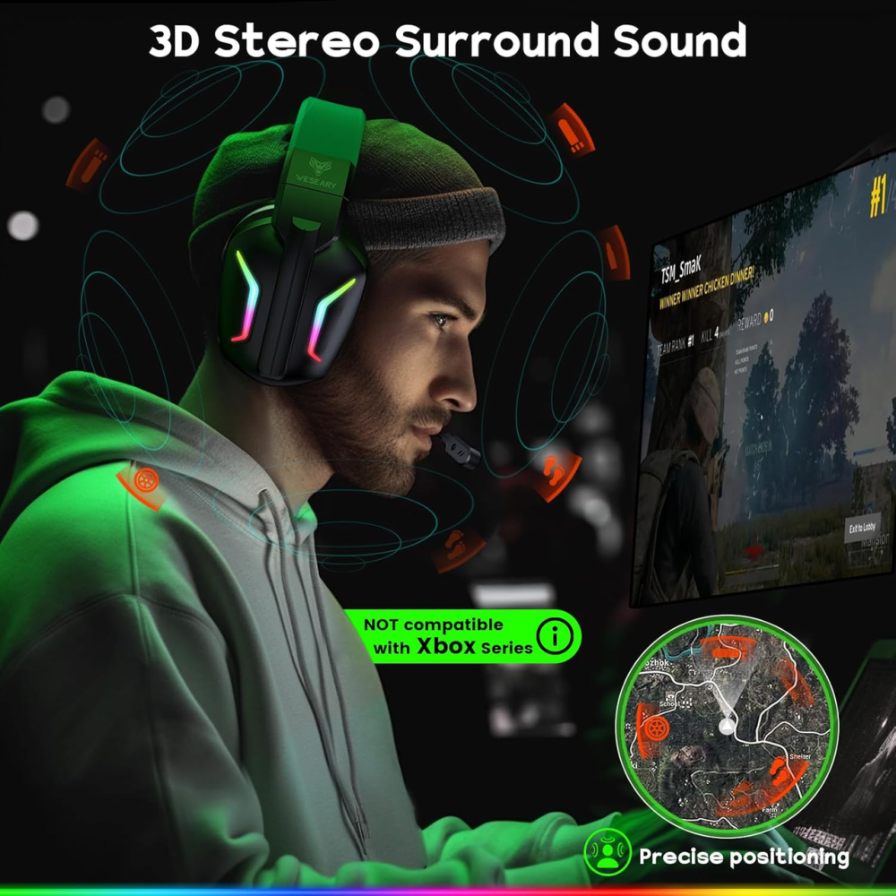 Бездротова ігрова гарнітура WESEARY WG1 2.4 ГГц Bluetooth для PS5 PS4 ПК Switch Mac, 50 годин, зелена Київ - фото 3