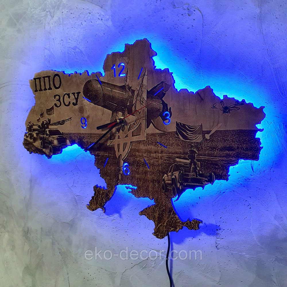 Дерев'яний настінний годинник із підсвіткою "ПВО України" 60*40 см Київ - фото 4