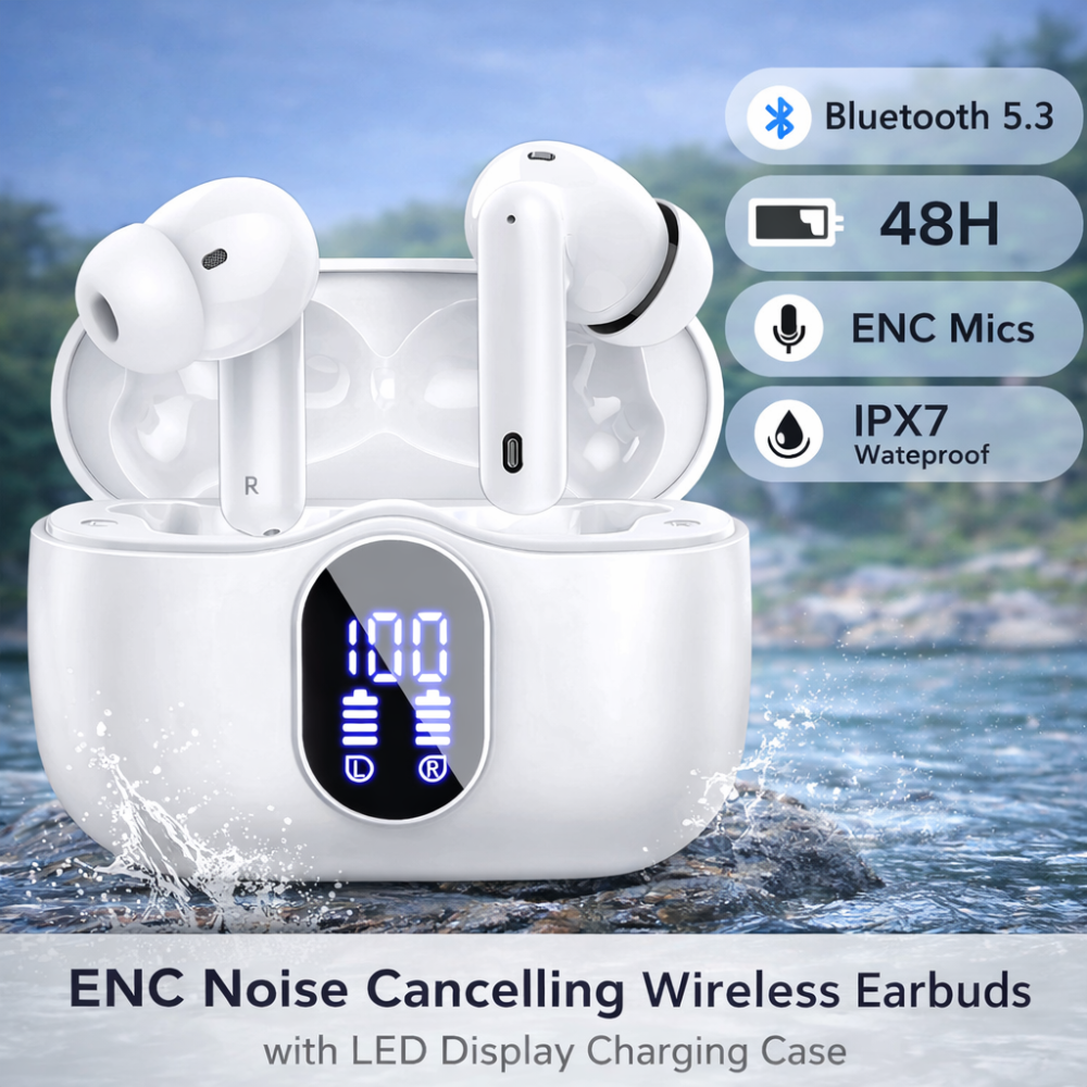 Беспроводные наушники Btootos A90 Pro Bluetooth 5.3 TWS | ENC, HD-микрофон, LED-дисплей, IP7, 36 часов, белые Киев - изображение 1