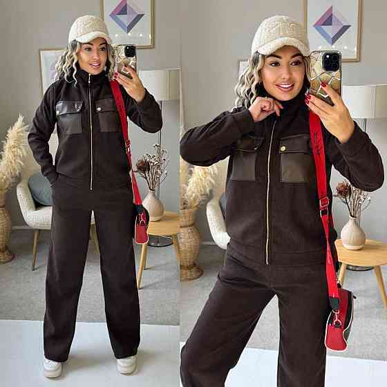 Женский стильный костюм двойка: кофта и штаны вельвет на плотном флисе Шоколадный, 50/52 Одесса