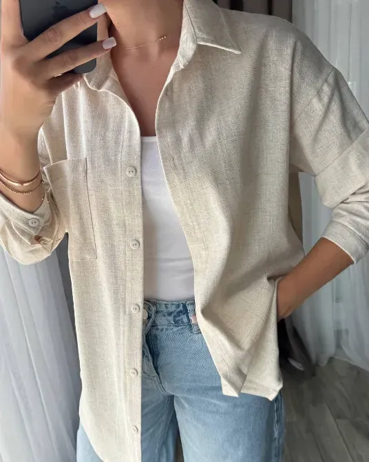 Женская льняная рубашка свободного кроя — мокко, светло-бежевый, светло-серый Одесса - изображение 12