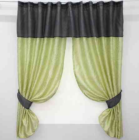 Кухонные шторы VR-Textil № 073к с ламбрекеном и подхватами салатовый с графитовым 275х170 см (52-0154) Киев