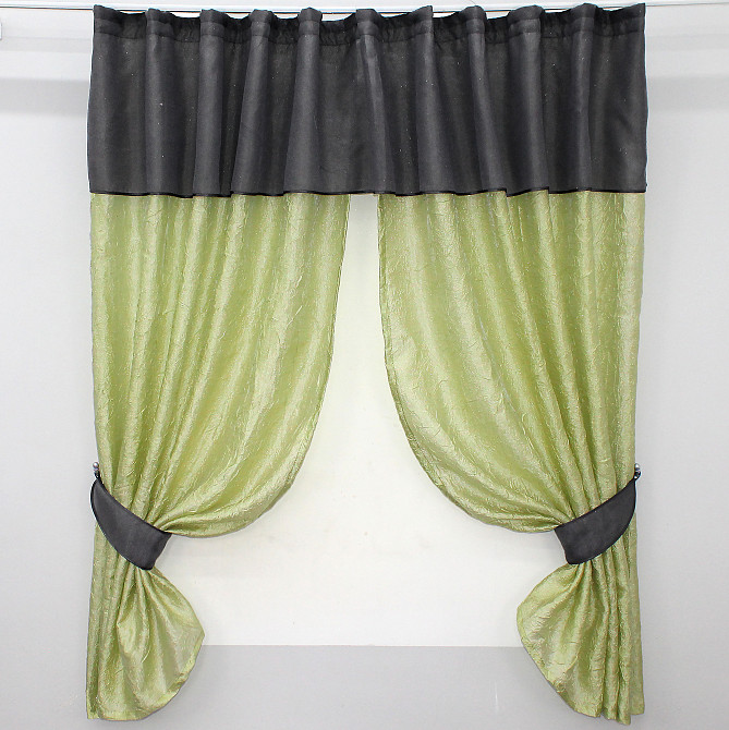 Кухонные шторы VR-Textil № 073к с ламбрекеном и подхватами салатовый с графитовым 275х170 см (52-0154) Киев - изображение 1