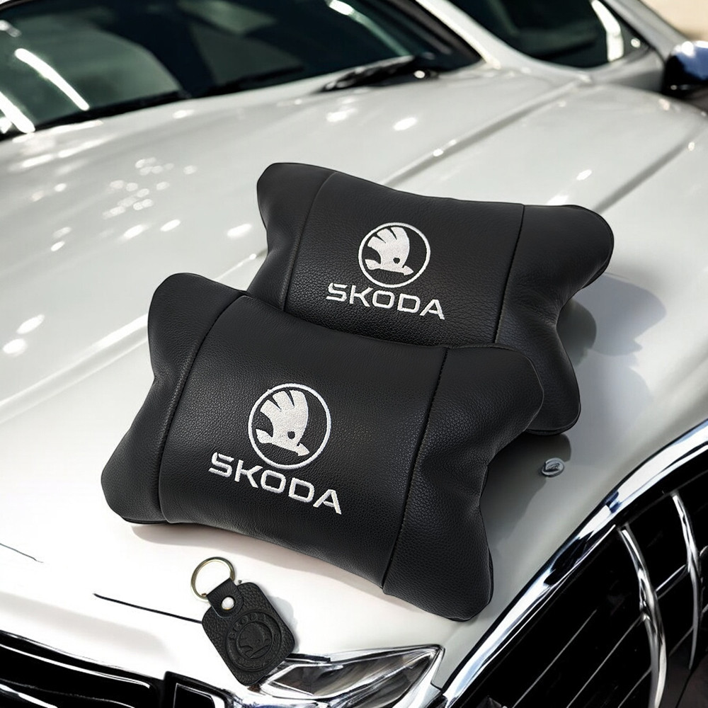 Набір автоподушок 2шт на підголівник Skoda / Шкода з натуральної шкіри чорні + брелок у подарунок Київ - фото 10