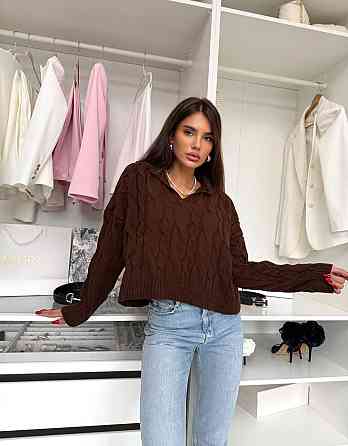 Женский теплый базовый свитер с воротником поло 50% коттон / 50% акрил Шоколад Одесса