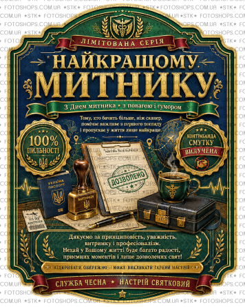 Этикетка на бутылку “Лучшему таможеннику” + контрэтикетка | подарочная наклейка на вино, виски | С Днем таможенника Одесса