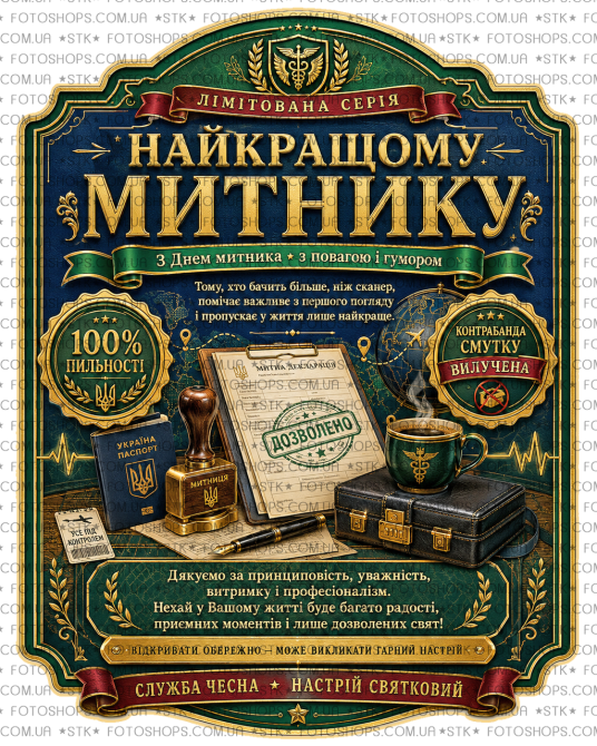 Етикетка на пляшку “Найкращому митнику” + контретикетка | подарункова наліпка на вино, віскі | З Днем митника Одеса - фото 1