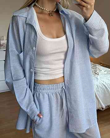 Женский стильный повседневный костм двойка лен- коттон полоска Голубой, 42/46 Одесса