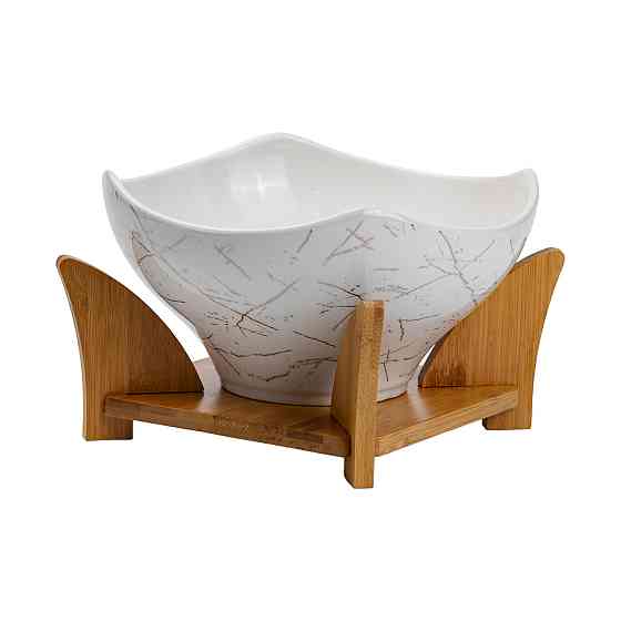 Салатниця га бамбуковій підставці з виделкою і ложкою 22*22*14 см Білий HP1228 Київ