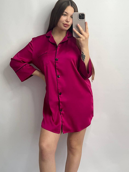 Жіноча нічна сорочка подовжена шовкова Малиновий S Харків - фото 1