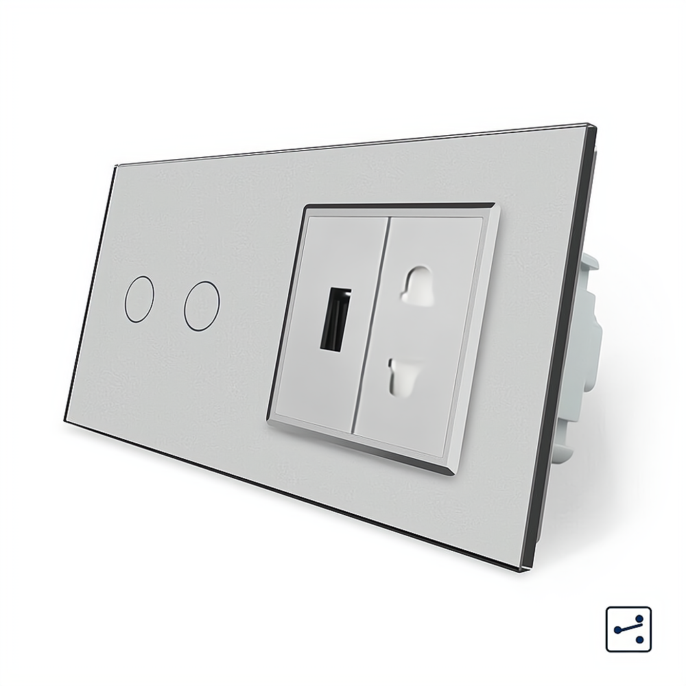 LIVOLO Сенсорний прохідний/перехресний вимикач 2 сенсора 1 розетка 1 USB Livolo сірий скло (VL- Киев - изображение 1