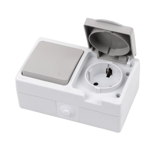 754 білий Вимикач зовнішній прохідний 1кл.+ 1 розетка IP54 з кришкою Лезард Житомир