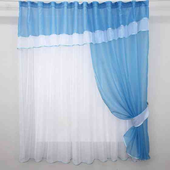 Кухонная занавеска VR-Textil № 018к штора и тюль с ламбрекеном голубой с белым 280х170 см (52-0333) Киев