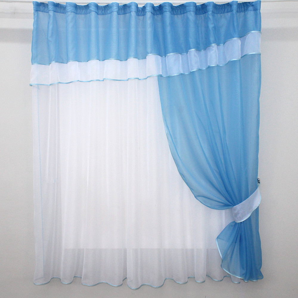 Кухонная занавеска VR-Textil № 018к штора и тюль с ламбрекеном голубой с белым 280х170 см (52-0333) Киев - изображение 1
