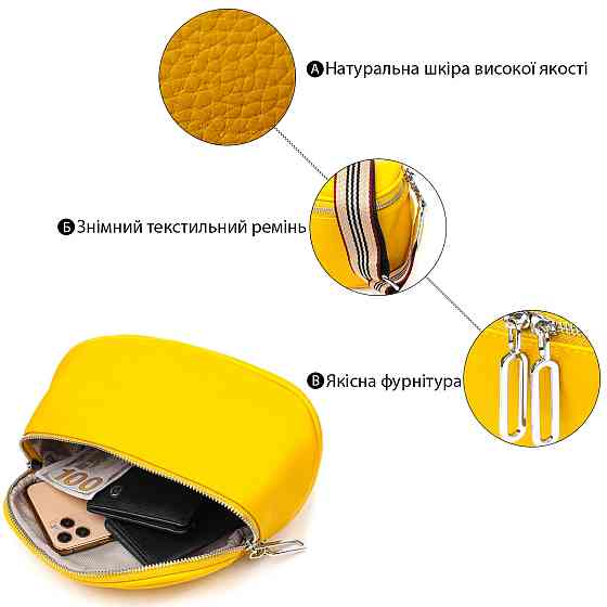 Яркая женская сумка через плечо из натуральной кожи 22116 Vintage Желтая Киев