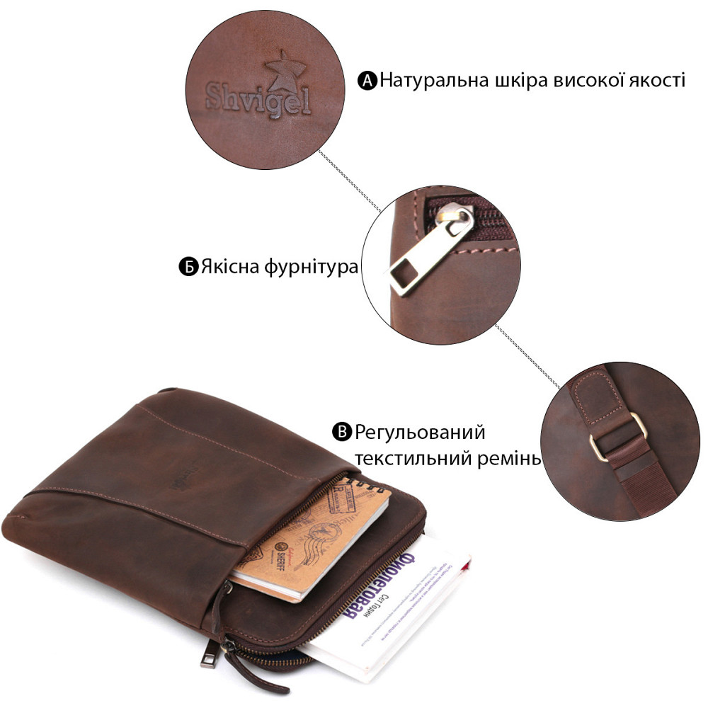 Стильный мужской мессенджер из винтажной кожи Коричневый (SHVIGEL) Киев - изображение 2