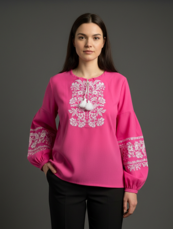 Шифоновая женская блуза вышиванка в розовом малиновом цвете Киев