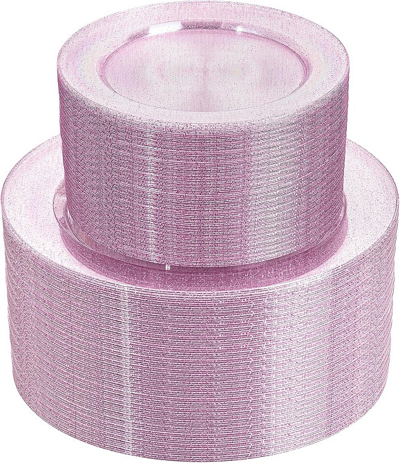 Набор тарелок пластиковых круглые 4 шт, десертные 19 см и обеденные 26 см,розовые прозрачные с блёстками Каменец-Подольский - изображение 8