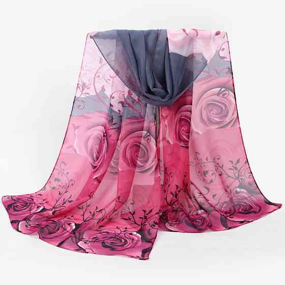 Шарф с розами шифоновый 145 на 48 см серо-розовый Киев