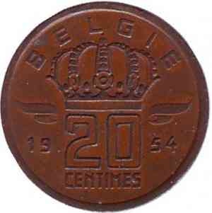 Монета 20 сантимов. 1954 год, Бельгия. (Belgie) Полтава