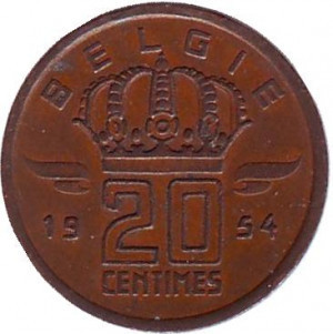 Монета 20 сантимов. 1954 год, Бельгия. (Belgie) Полтава - изображение 1