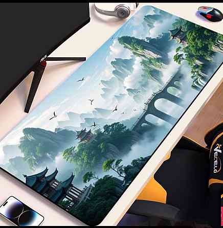 Большой игровой коврик для мыши и клавиатуры — настольный desk mat с восточным пейзажем, тканевая поверхность Киев