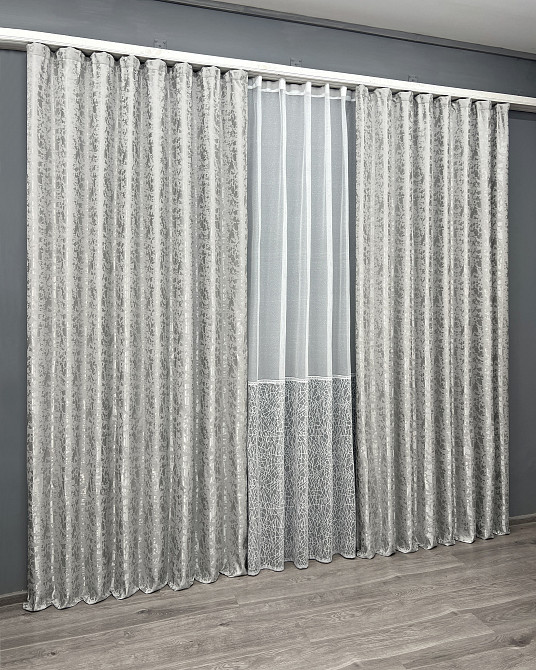 Комплект штор VR-Textil Льон Мармур 150х270 2шт і Тюль 400х270 1263ш-1672т Світло-сірий з білим 71-167/3 Київ - фото 3