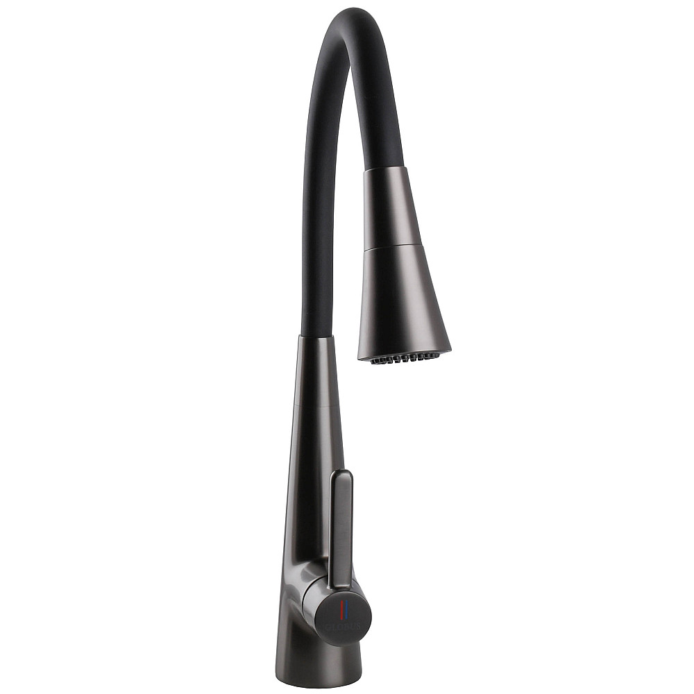 Змішувач для кухні Globus Lux LAZER Pro GLPR-203SM-GPлатунь Графіт,гофровилив Чорний з душ.насадкою Тернополь - изображение 4