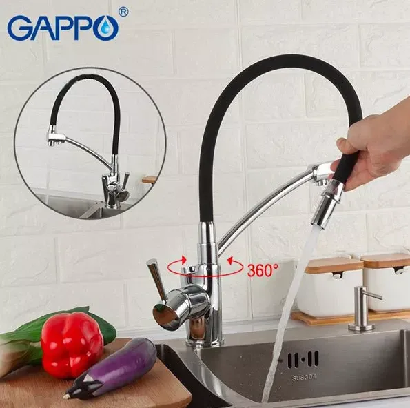 Смеситель для кухни на две воды GAPPO G4398-11 с гибким изливом, черный/хром Киев - изображение 2