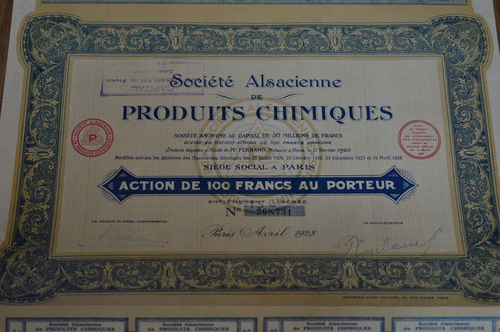 Акція. Societe Alsacienne de PRODUITS CHIMIQUES. 1928 рік №268,731 (50) Полтава - фото 1