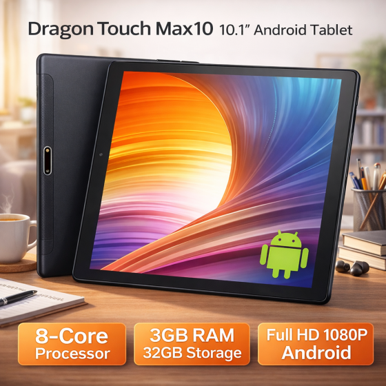 Dragon Touch Max10 10.1" Планшет Android 10, 3 ГБ ОЗУ, 32 ГБ Пам'яті, Full HD IPS 1920×1200, Wi-Fi 2.4/5 ГГц, GPS, Type-C, Чорний Київ
