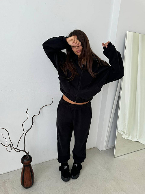 Жіночий теплий спортивний костюм: кофта та штани турецький двосторонній фліс Чорний, 46/48 Одеса - фото 5