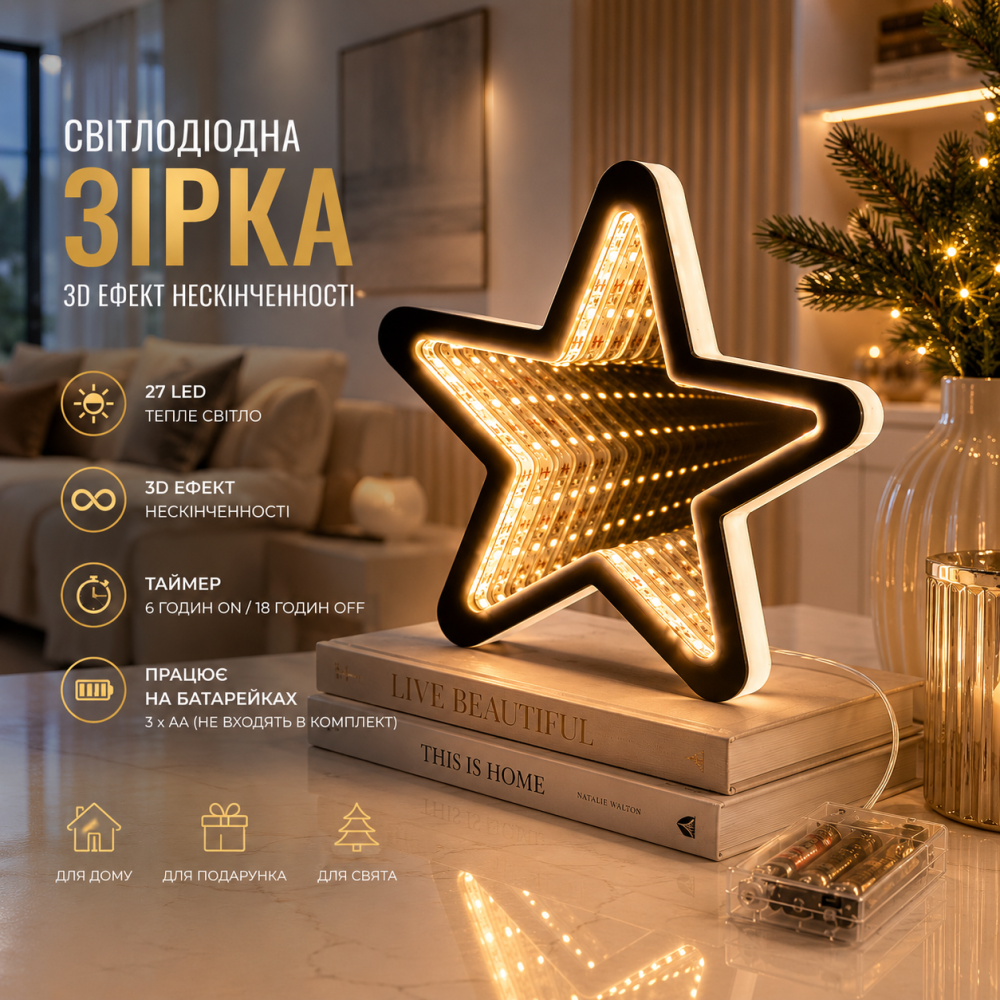 Світлодіодна зірка Infinity LED 15 см, 27 LED, теплий білий, 3D ефект нескінченності, таймер, на батарейках Київ - фото 5