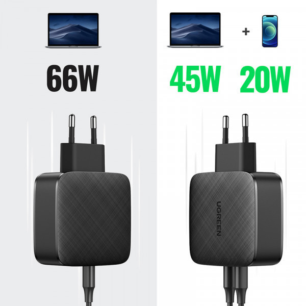 Зарядний пристрій 2xUSB 66W GAN PD (2xType-C) CD216 Ugreen PD Fast Charger Чорний (70867) Київ - фото 2